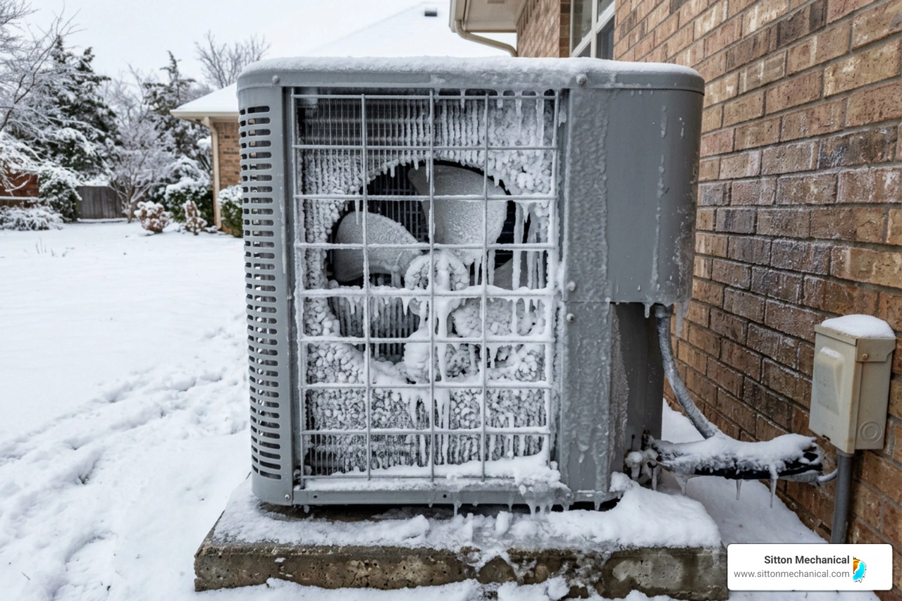 Frozen heat pump outdoor unit showing ice buildup on the coils during an Oklahoma winter Frozen heat pump outdoor unit showing ice buildup on the coils during an Oklahoma winter
