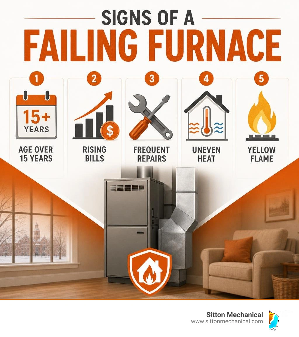 Signs of a failing furnace: age over 15 years, rising bills, frequent repairs, uneven heat, yellow flame infographic Signs of a failing furnace: age over 15 years, rising bills, frequent repairs, uneven heat, yellow flame infographic