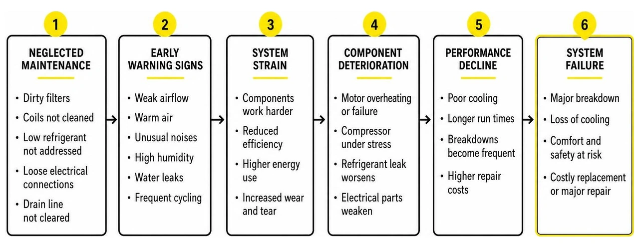 Cause and effect chain of neglected AC maintenance leading to system failure Cause and effect chain of neglected AC maintenance leading to system failure