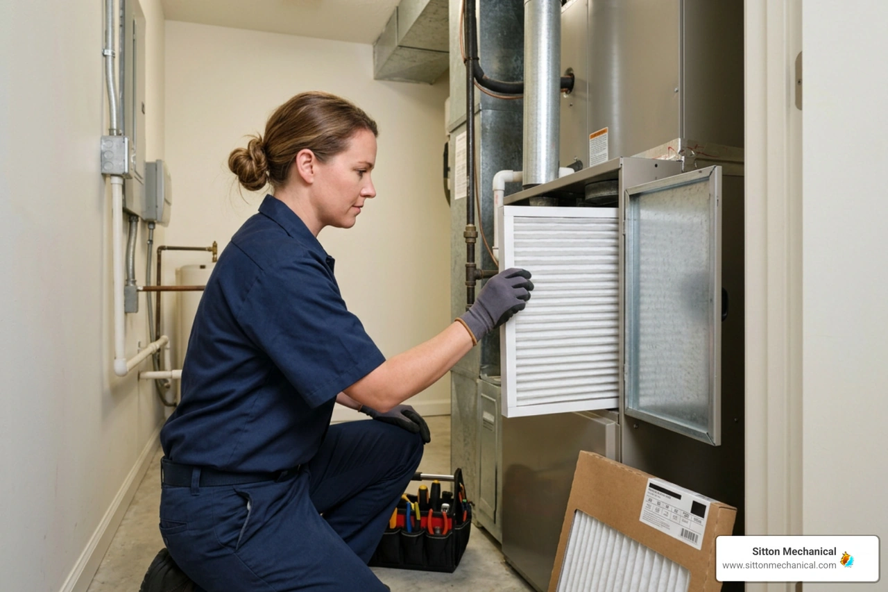 Technician replacing air filter in cooling unit Technician replacing air filter in cooling unit