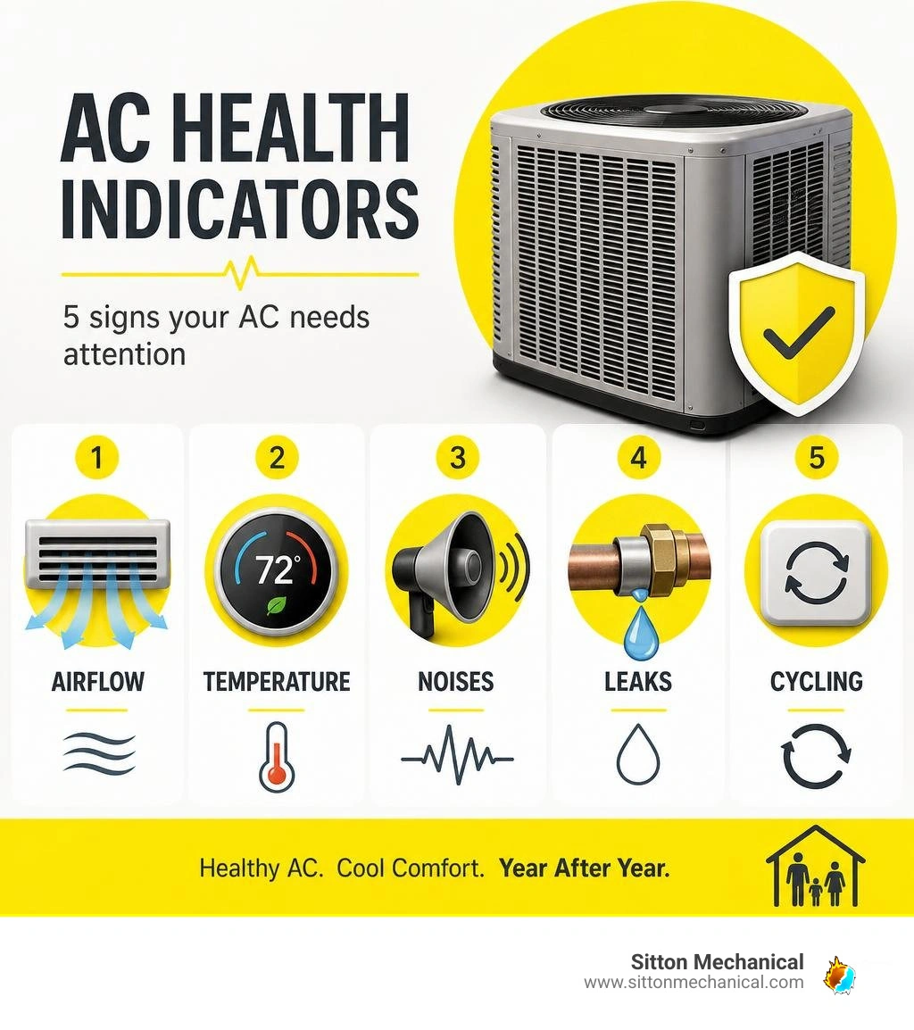 AC health indicators: airflow, temperature, noises, leaks, and cycling infographic AC health indicators: airflow, temperature, noises, leaks, and cycling infographic
