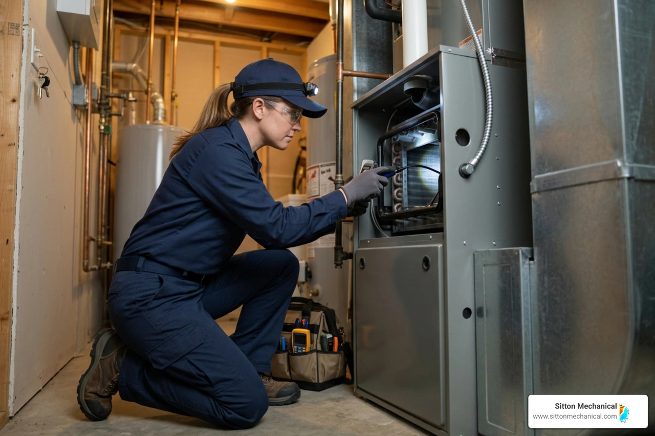 HVAC technician inspecting a residential furnace heat exchanger HVAC technician inspecting a residential furnace heat exchanger