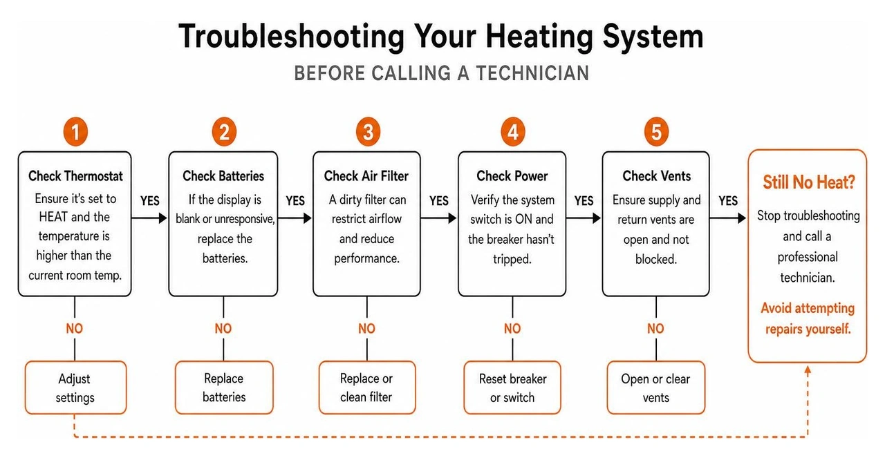 Troubleshooting process for a home heating system before calling a technician Troubleshooting process for a home heating system before calling a technician