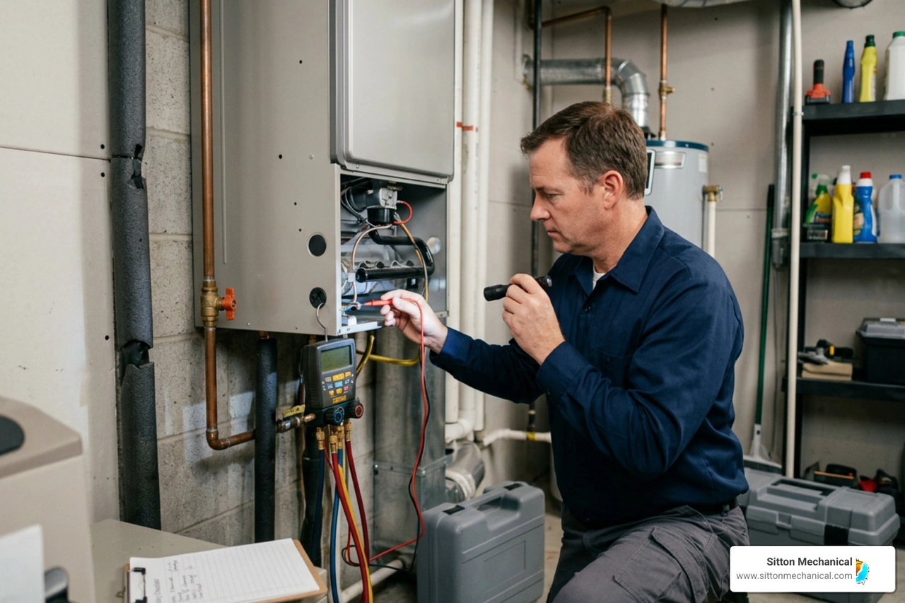 technician performing a safety check on a home heating system technician performing a safety check on a home heating system