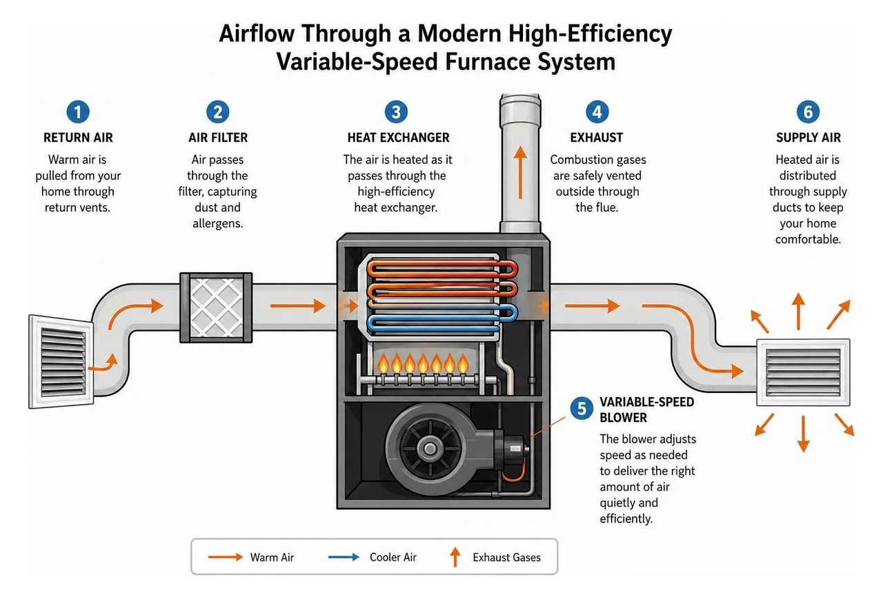 diagram showing the flow of air through a modern high-efficiency variable-speed furnace system diagram showing the flow of air through a modern high-efficiency variable-speed furnace system