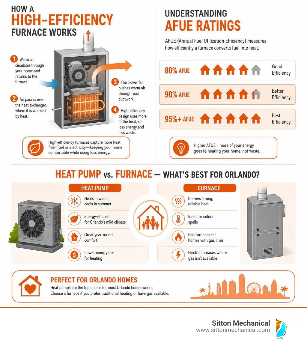 infographic showing how a high-efficiency furnace works, AFUE ratings, heat pump vs furnace comparison for Orlando infographic showing how a high-efficiency furnace works, AFUE ratings, heat pump vs furnace comparison for Orlando