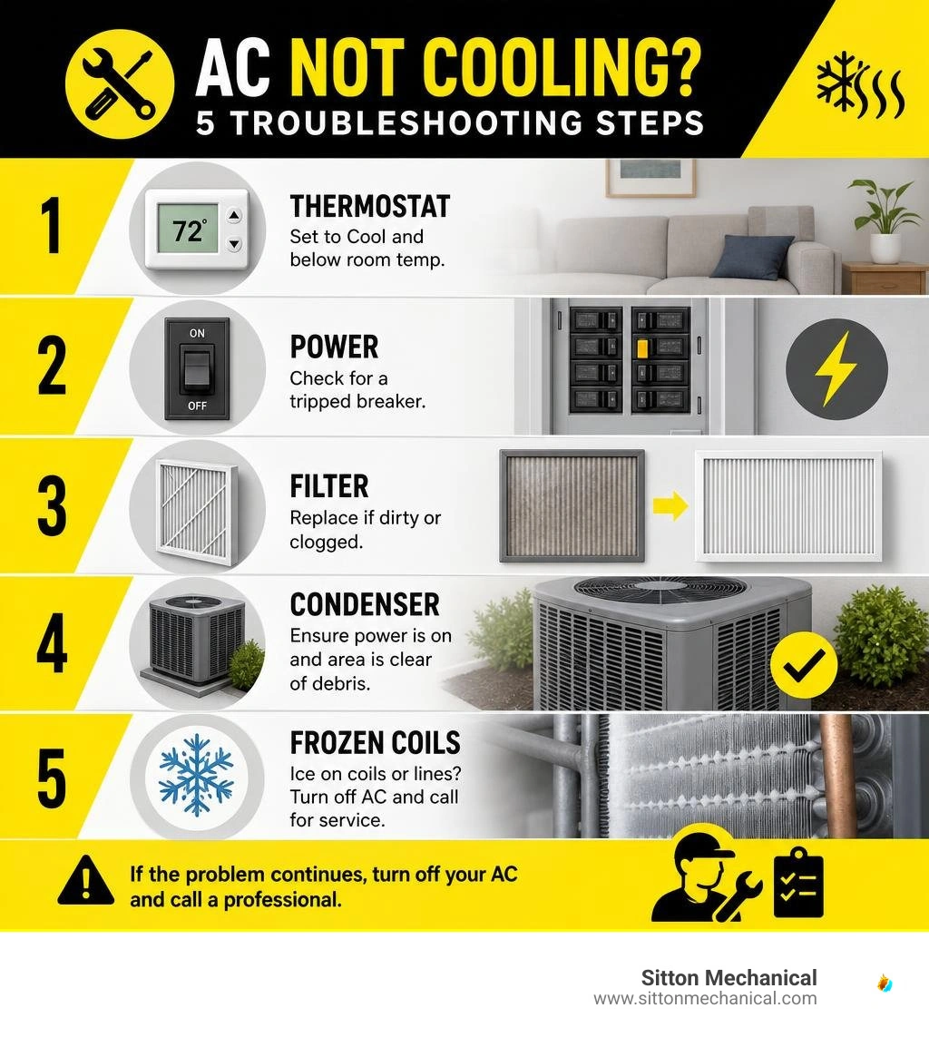 AC troubleshooting steps thermostat power filter condenser frozen coils infographic AC troubleshooting steps thermostat power filter condenser frozen coils infographic