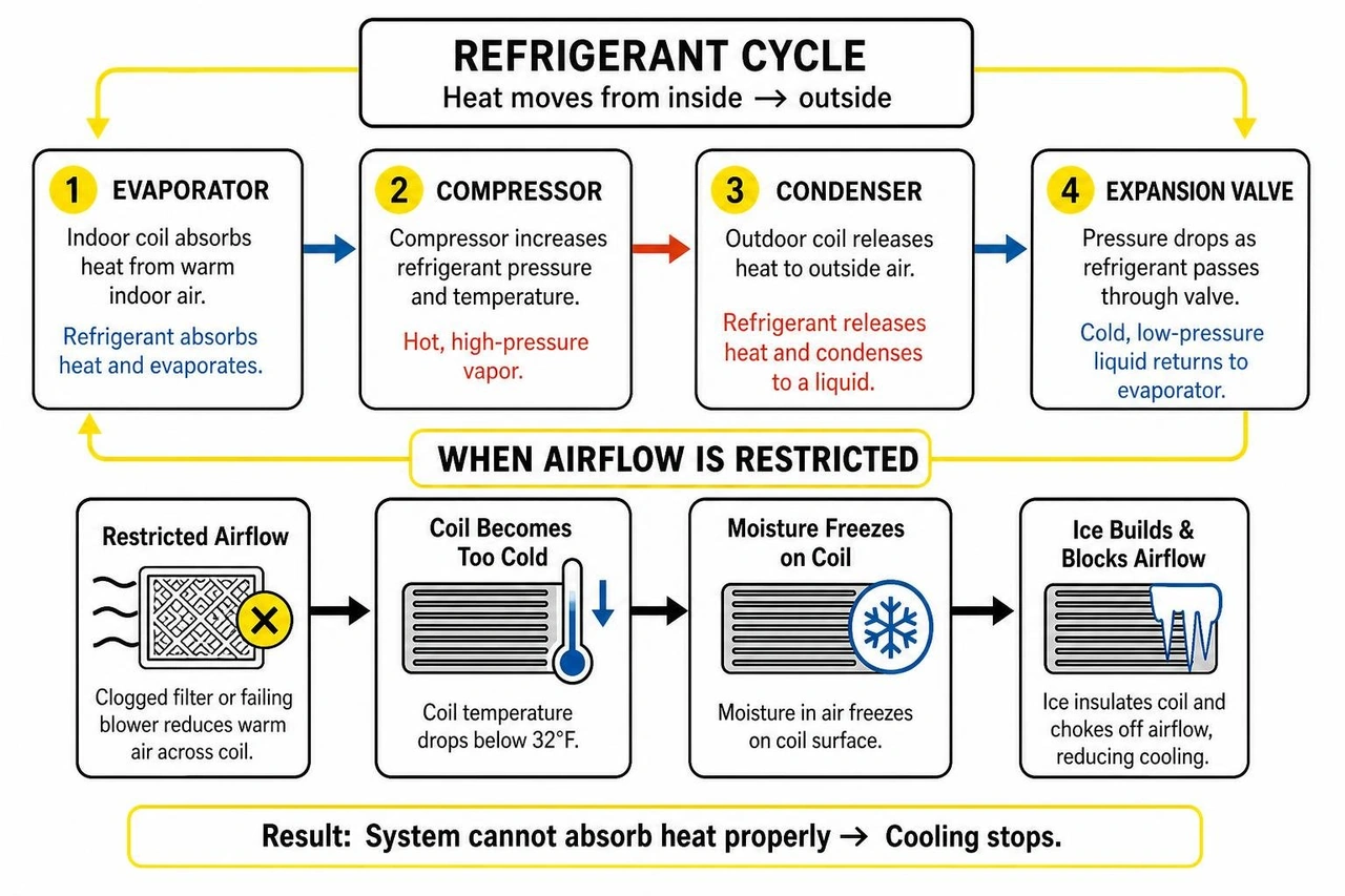 Refrigerant cycle and coil freezing mechanics Refrigerant cycle and coil freezing mechanics