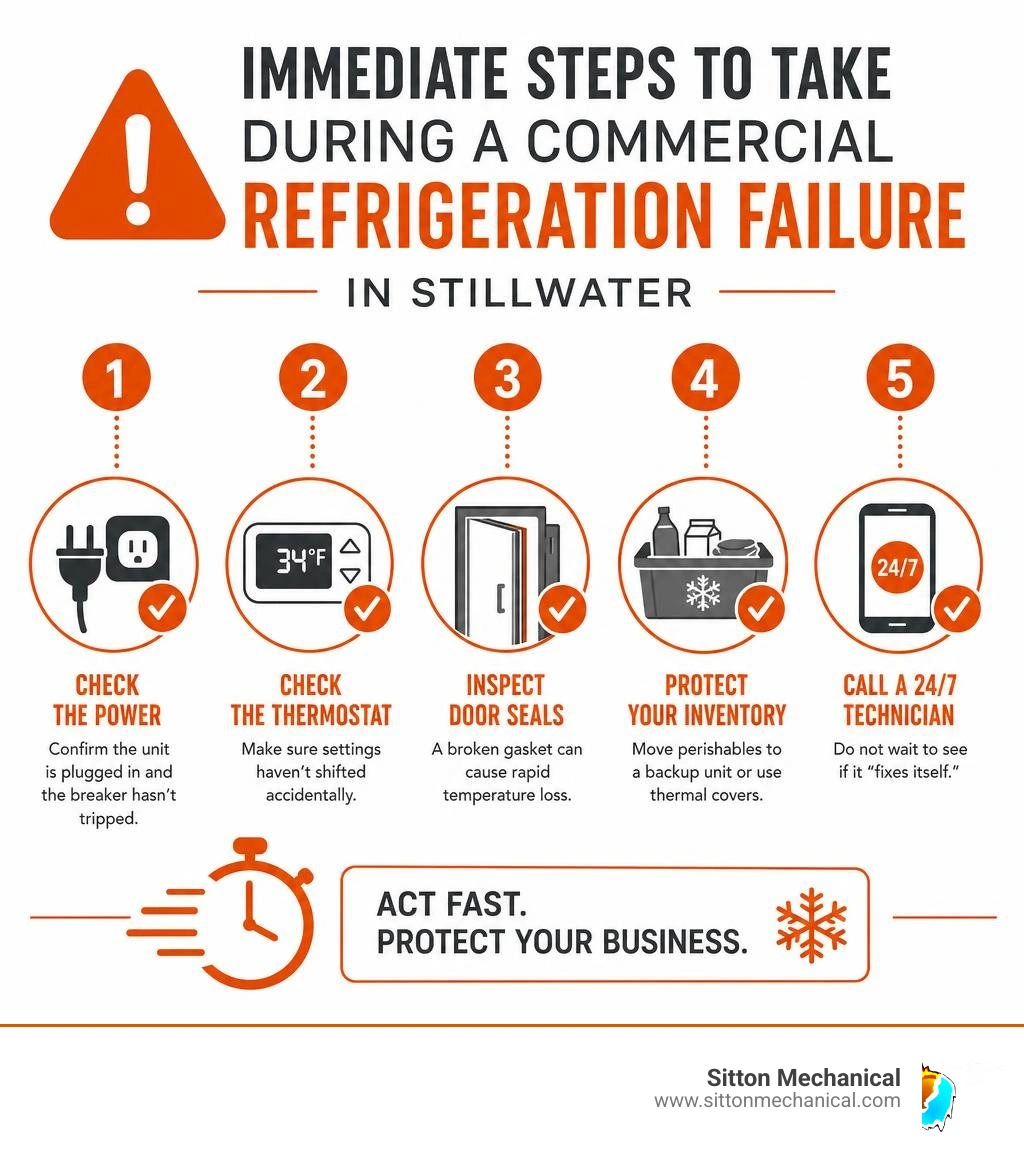 Immediate steps to take during a commercial refrigeration failure in Stillwater infographic Immediate steps to take during a commercial refrigeration failure in Stillwater infographic