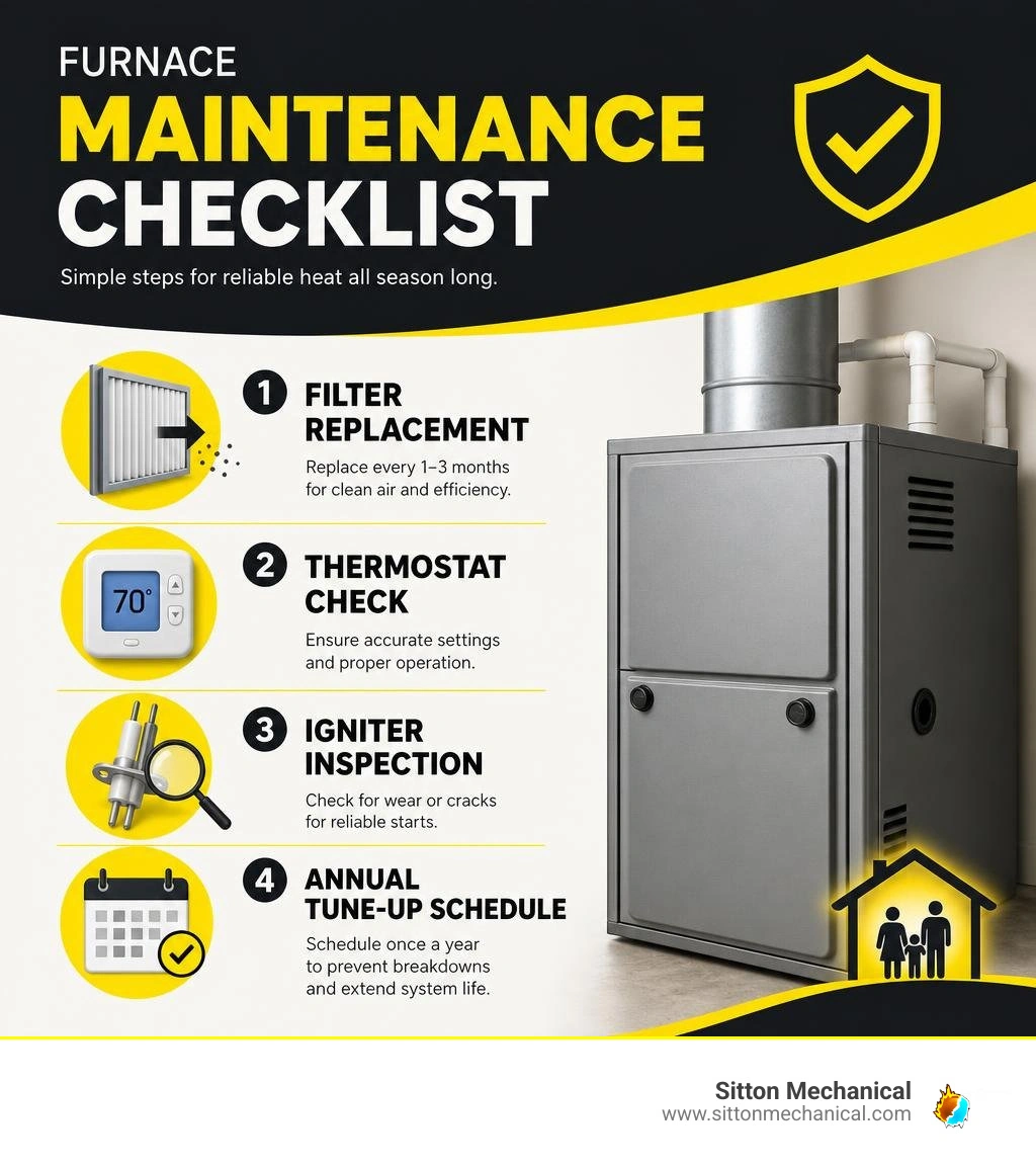Furnace maintenance checklist infographic: filter replacement, thermostat check, igniter inspection, annual tune-up schedule Furnace maintenance checklist infographic: filter replacement, thermostat check, igniter inspection, annual tune-up schedule