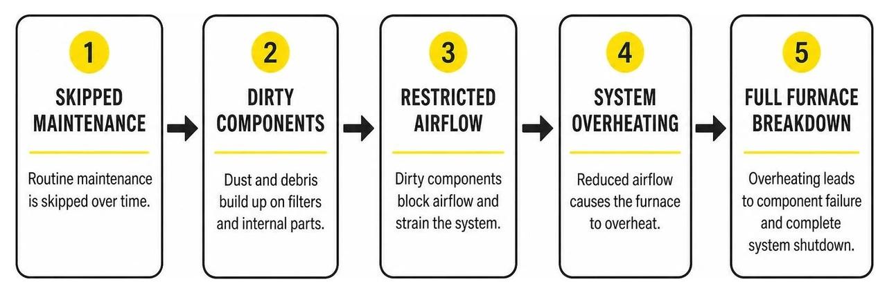 Flowchart showing how skipped maintenance leads to dirty components, restricted airflow, system overheating, and full Flowchart showing how skipped maintenance leads to dirty components, restricted airflow, system overheating, and full
