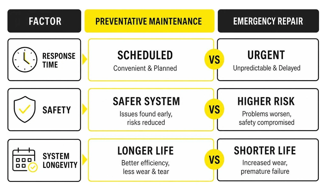 Comparison diagram showing Preventative Maintenance vs Emergency Repair response times, safety, and system longevity Comparison diagram showing Preventative Maintenance vs Emergency Repair response times, safety, and system longevity
