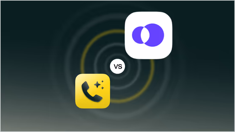 Two app icons on a dark gradient background with concentric circles; a yellow phone icon with sparkles on the left and a white icon with two overlapping purple circles on the right, separated by a small white circle containing 'vs'.