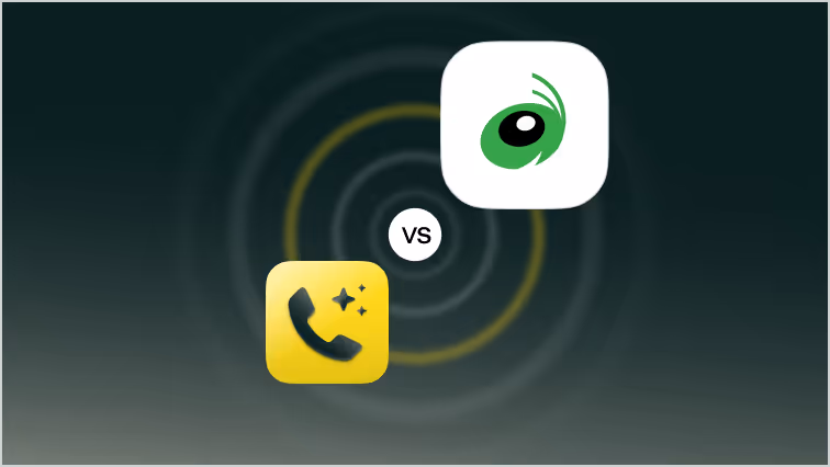 Two app icons side by side with a small circle labeled 'vs' between them, one with a green insect eye on a white background and the other a yellow square with a black phone handset and sparkles.