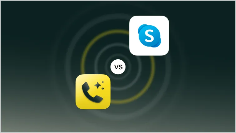 Comparison image showing a yellow phone icon with sparkles on the left and the Skype blue logo with an 'S' on the right, separated by a circle with 'vs' in the center.