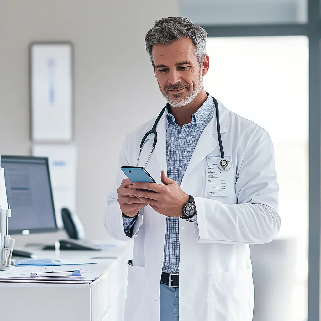 Male doctor in white coat using a smartphone in a well-lit medical office.