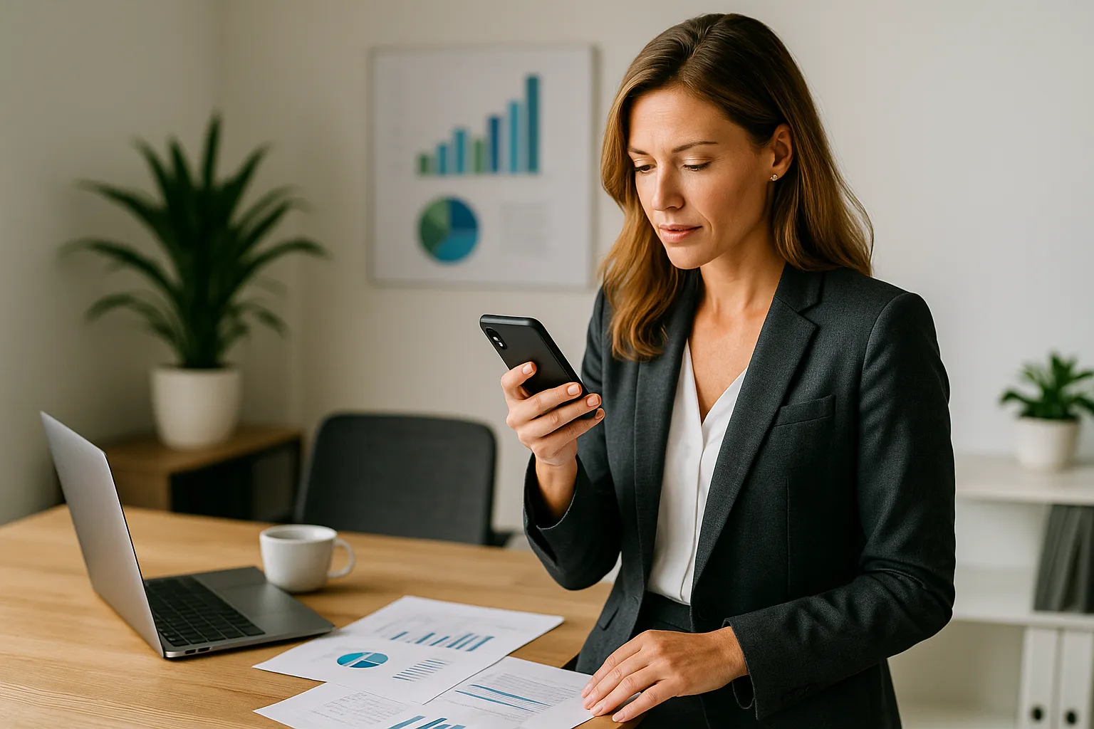 Businesswoman in a dark suit looking at her smartphone while standing at a desk with printed charts and an open laptop.