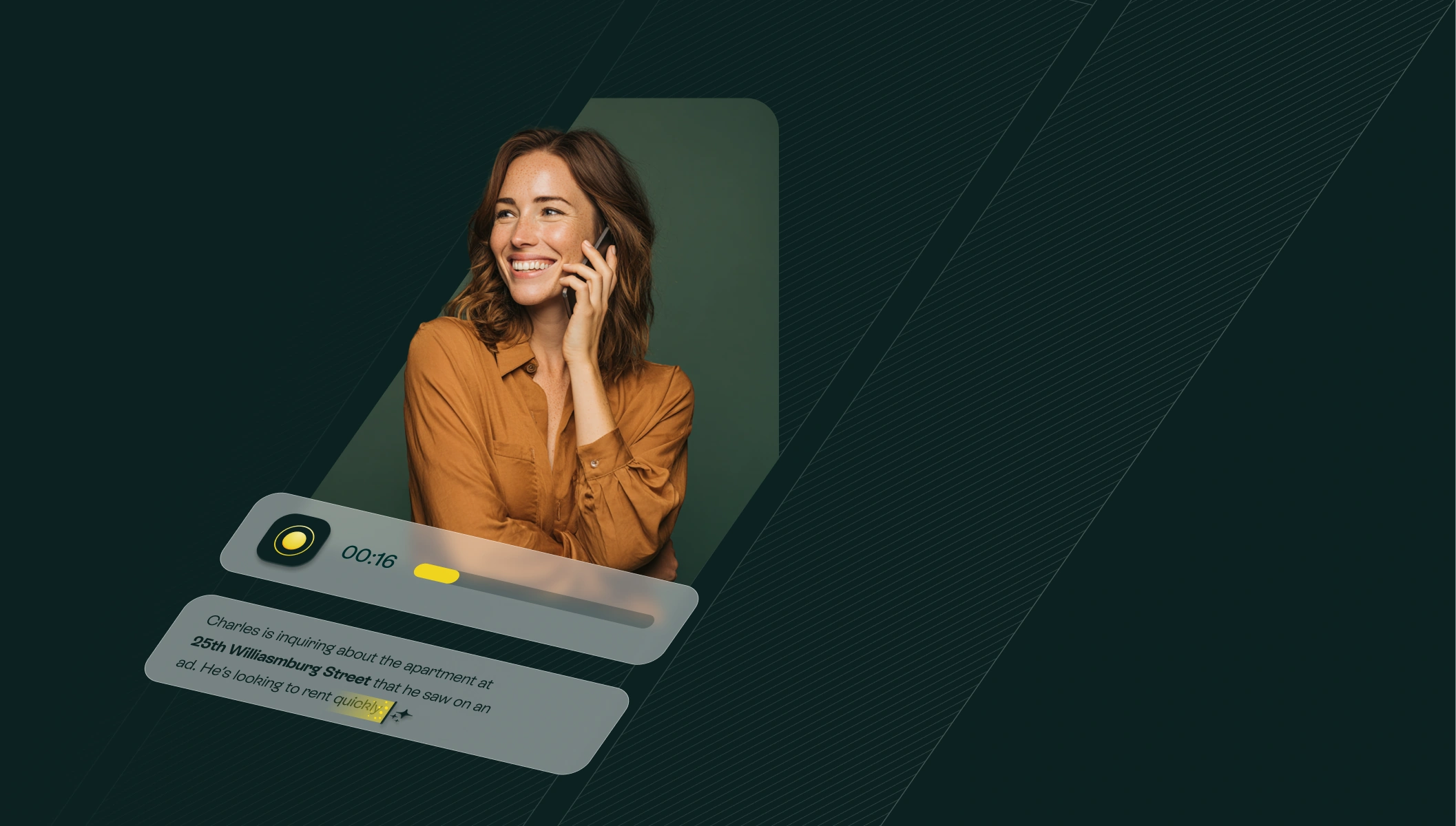 Allo AI call assistant transcribing a phone conversation for a smiling user.