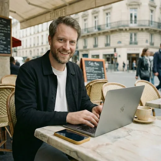 Woman in a white shirt sitting at a wooden table outdoors with a laptop, smartphone, and iced coffee.