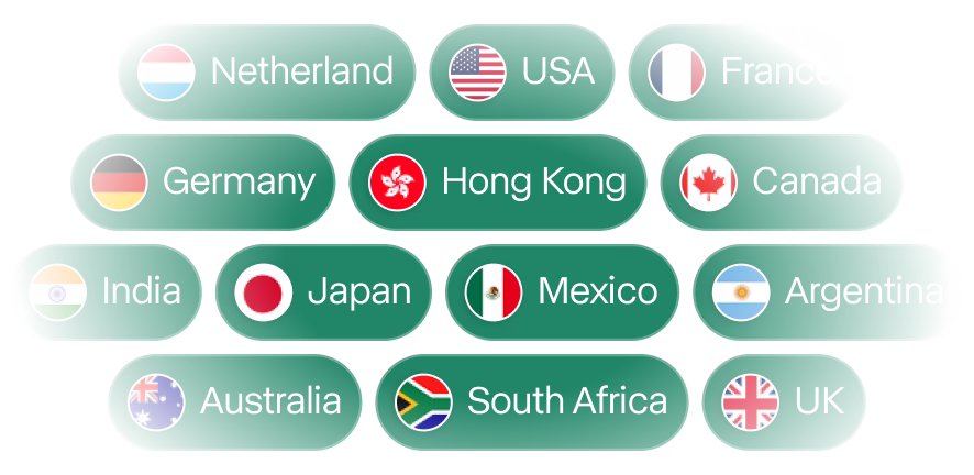 A collection of green rounded buttons displaying country names with their flags: Netherlands, USA, France, Germany, Hong Kong, Canada, India, Japan, Mexico, Argentina, Australia, South Africa, and UK.