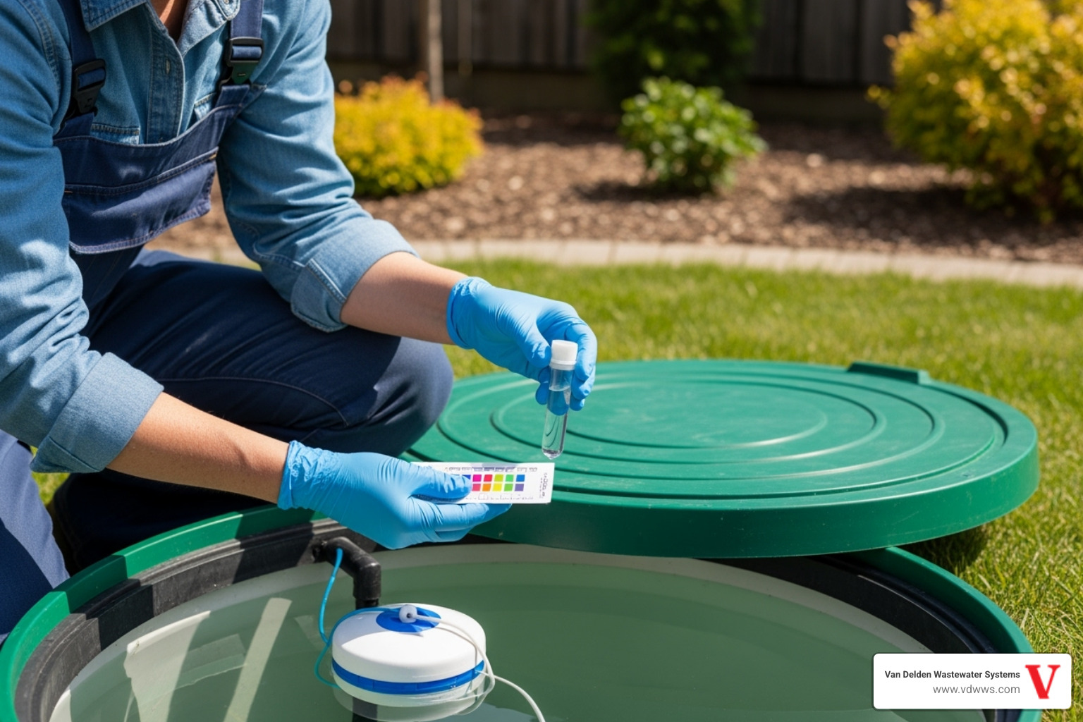 A homeowner carefully checking the chlorine levels in their aerobic septic system's disinfection chamber - Aerobic system repair