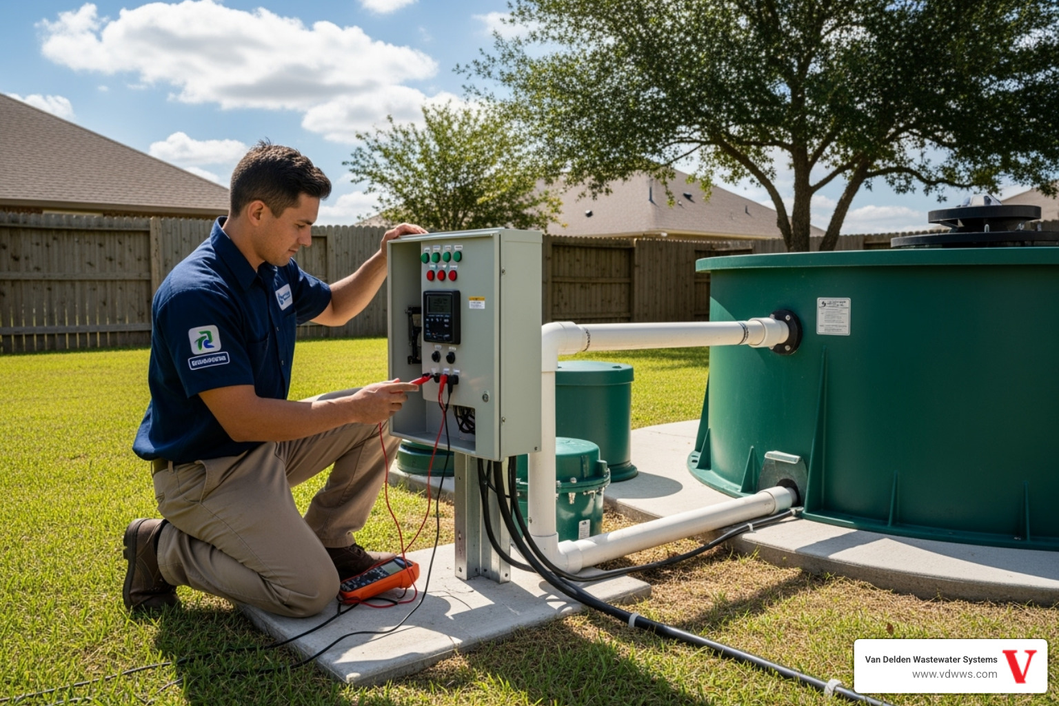 A uniformed Van Delden Wastewater Systems technician performing a thorough system check on an outdoor aerobic septic system - Aerobic system repair