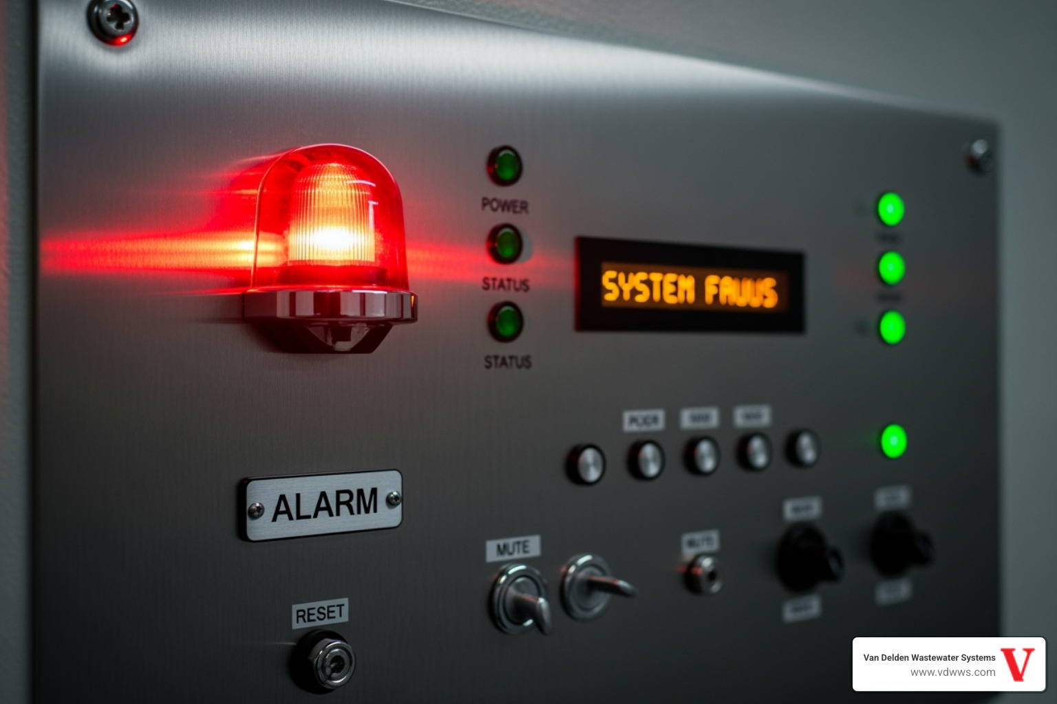 Aerobic system alarm panel with a prominent red alarm light - Aerobic system repair