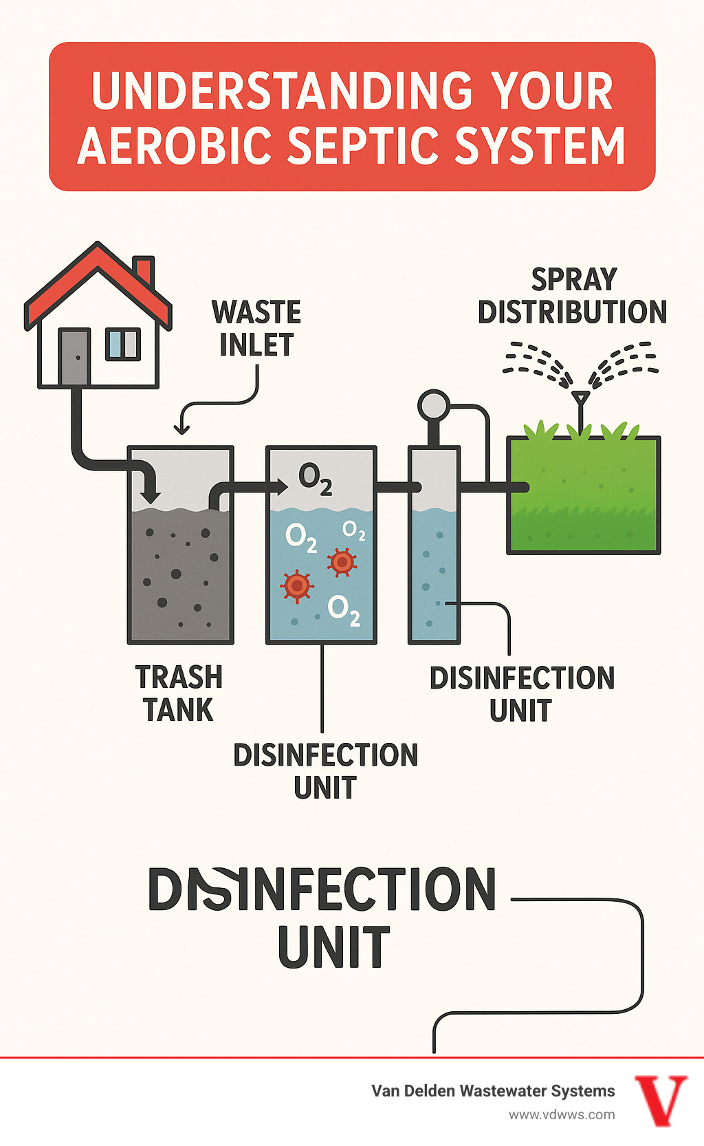 Infographic showing the complete aerobic septic system process from house waste inlet through trash tank, aeration chamber, disinfection unit, pump tank, and final spray distribution to drainfield with oxygen symbols and bacterial activity indicators - Aerobic system repair infographic 
