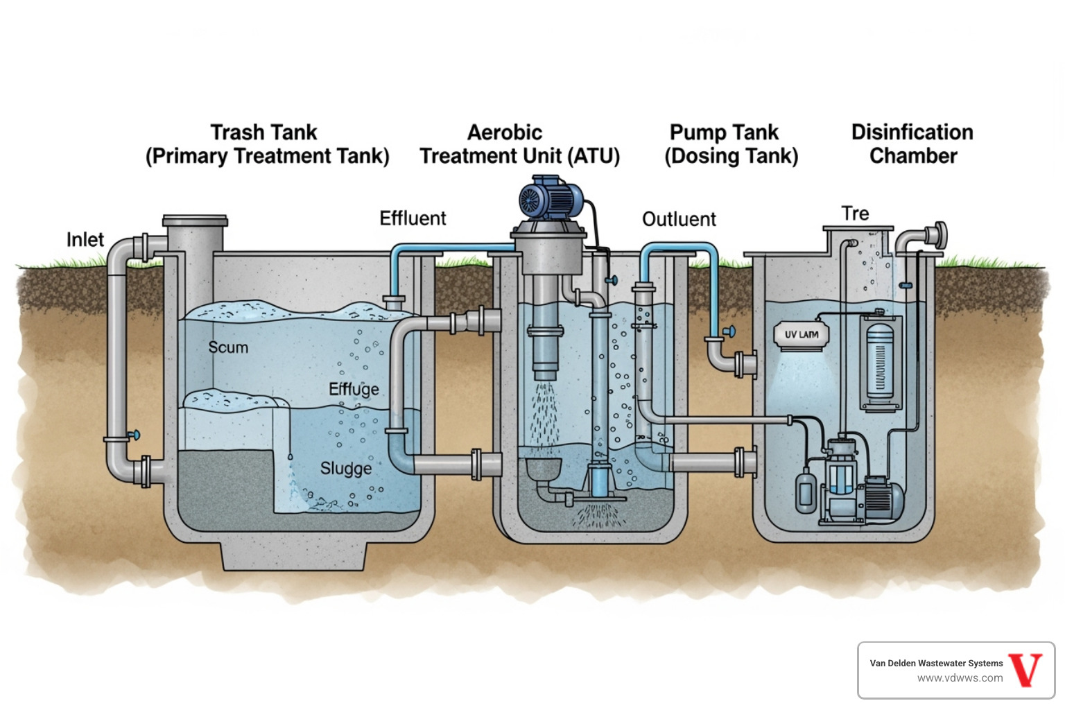 Labeled diagram showing the key components of an aerobic system: trash tank, aerobic treatment unit (ATU), aerator, pump tank, and disinfection chamber - Aerobic system repair