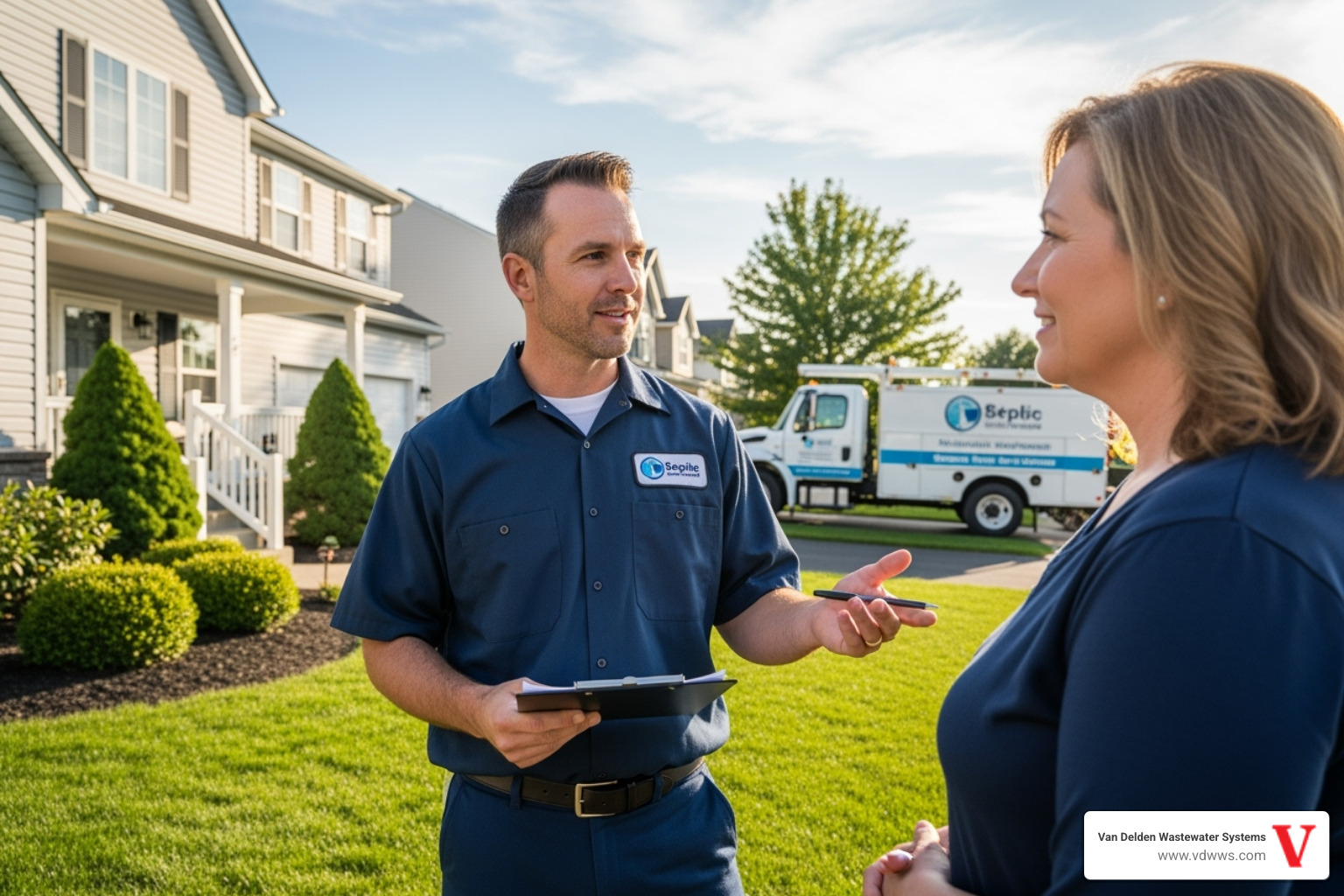 homeowner speaking with friendly septic service professional - septic tank service san antonio