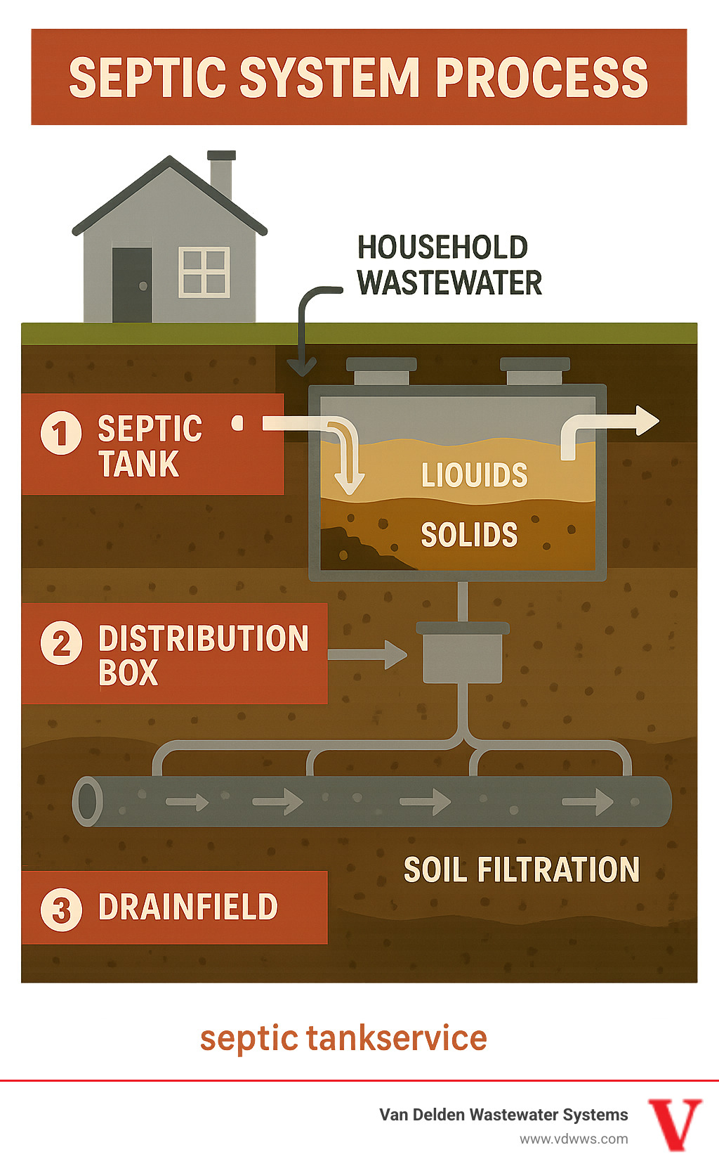 Infographic showing the complete septic system process from household wastewater entering the septic tank, solids settling to bottom, liquids flowing to distribution box, then through drainfield pipes for soil filtration - septic tank service san antonio infographic 