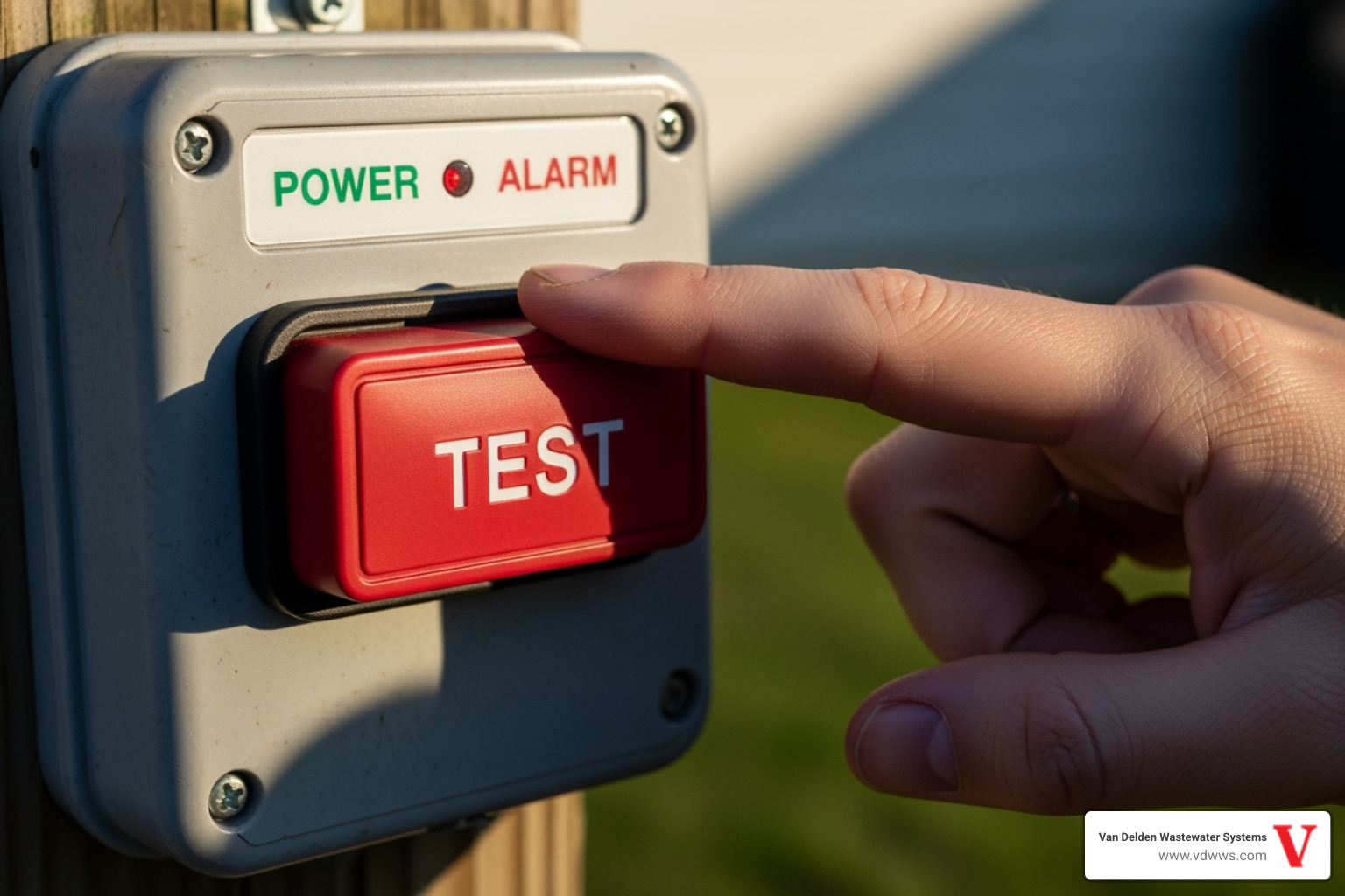A person's hand pressing the 'silence' button on a septic alarm control box - septic tank alarm going off