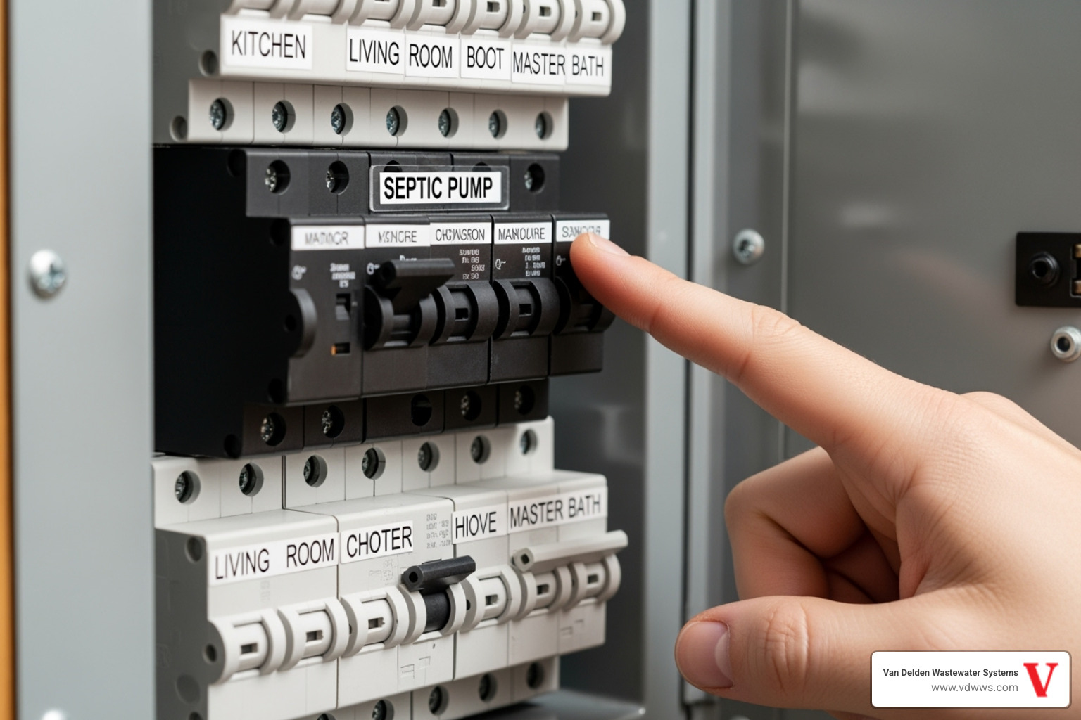 A home's circuit breaker panel with a finger pointing to the septic pump breaker - septic tank alarm going off
