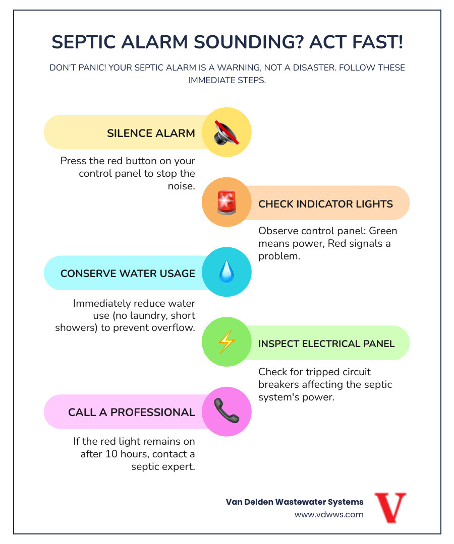 Detailed infographic showing septic system components including septic tank, effluent pump, float switches, alarm panel with red and green indicator lights, drain field, and step-by-step troubleshooting process when alarm activates - septic tank alarm going off infographic infographic-line-5-steps-colors