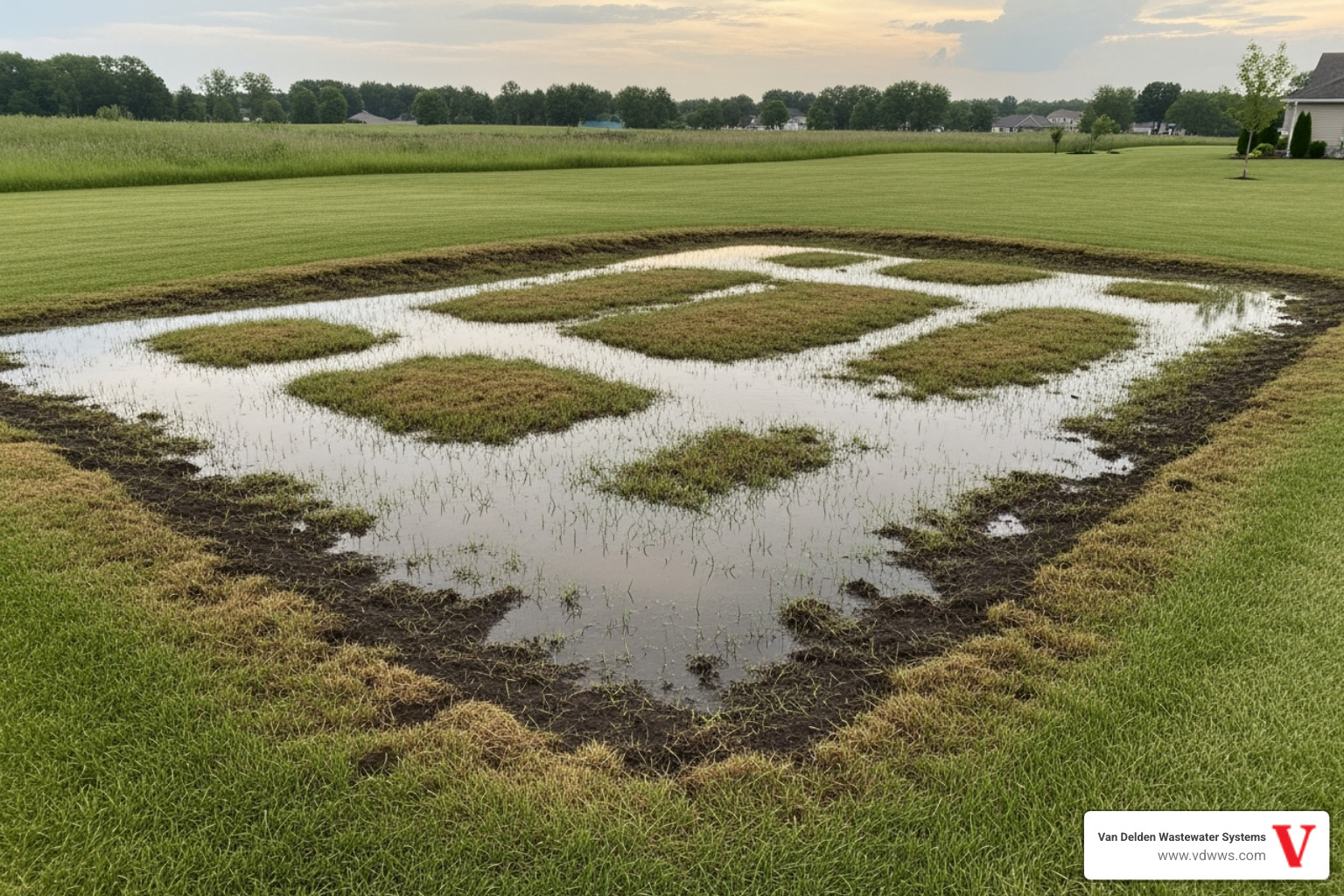 A soggy, saturated drain field area in a yard - septic tank alarm going off