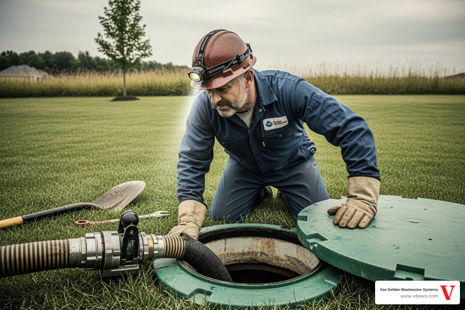 A septic service technician looking into an open septic tank riser - septic tank alarm going off