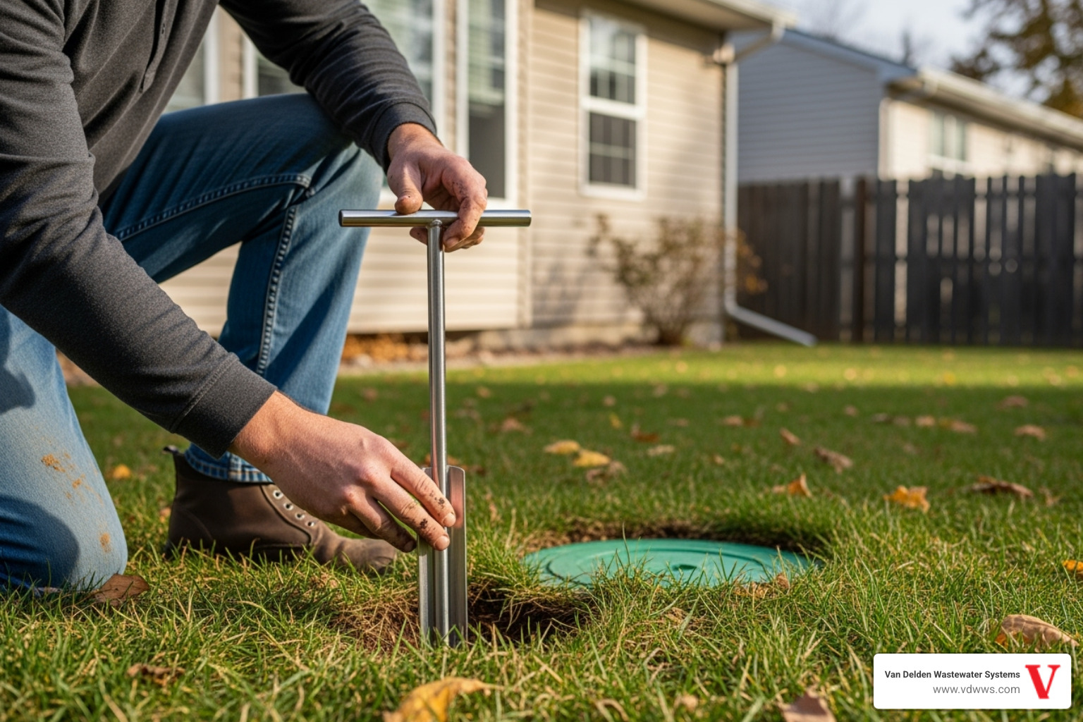 person using metal soil probe - Finding septic tank lid