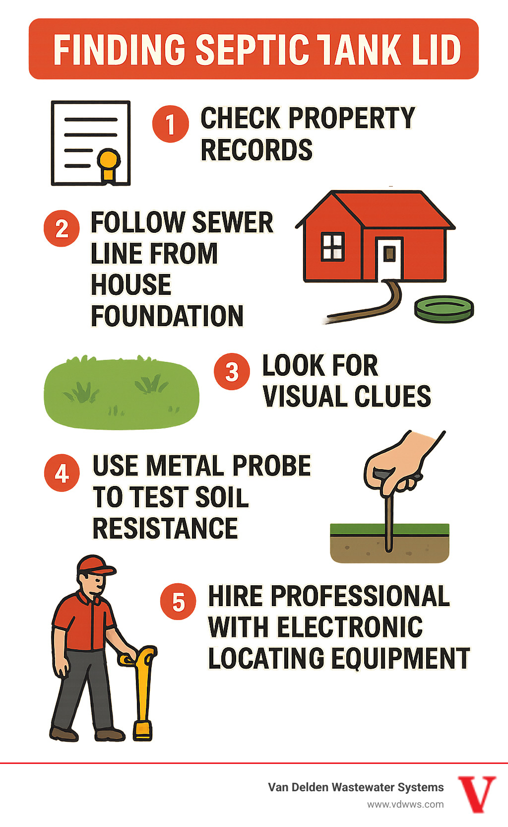 Infographic showing 5 steps to locate septic tank lid: 1. Check property records and permits, 2. Follow sewer line from house foundation, 3. Look for visual yard clues like greener grass patches, 4. Use metal probe to test soil resistance, 5. Hire professional with electronic locating equipment - Finding septic tank lid infographic 
