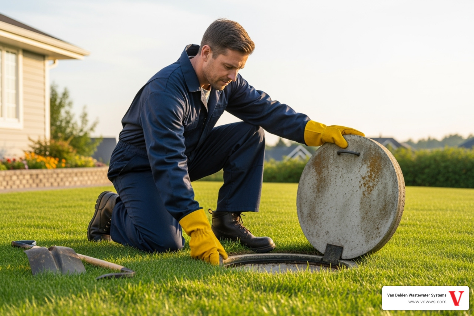 professional septic technician safely accessing a tank - Finding septic tank lid