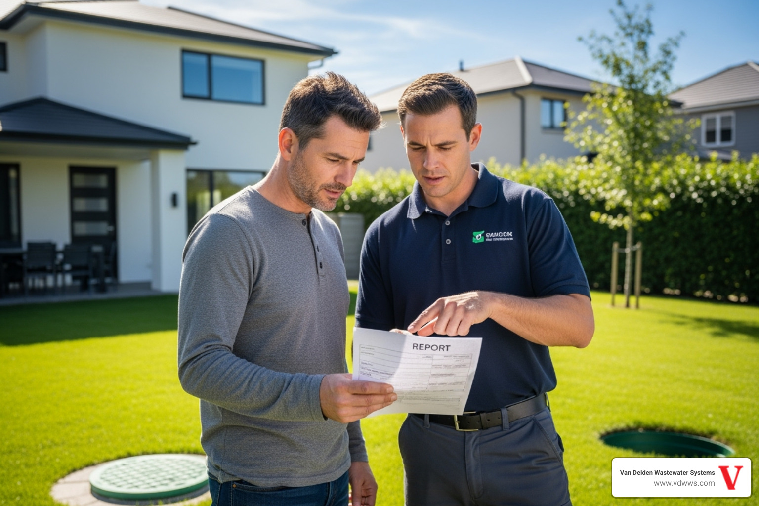 a homeowner reviewing a septic inspection report with a technician - professional septic inspection