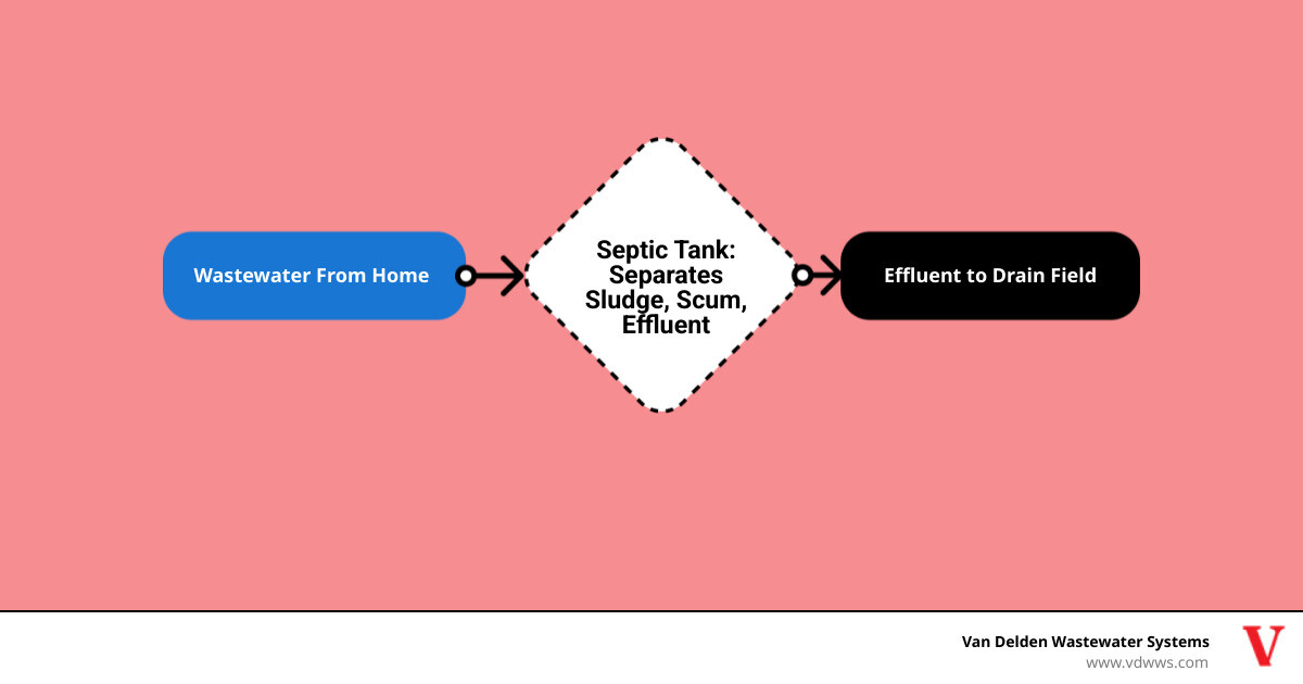 Detailed infographic showing septic tank cross-section with three layers: sludge at bottom, effluent in middle, and scum at top, plus arrows showing wastewater flow from house to tank to drain field - septic cleaning services infographic flowmap_simple