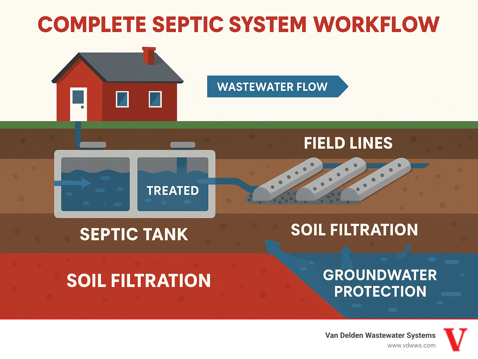 Complete septic system workflow showing wastewater flow from house through septic tank to field lines with soil filtration process and groundwater protection - septic system field lines infographic 