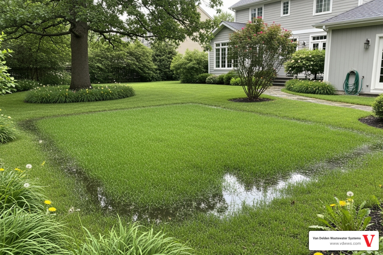 soggy yard with overly green grass above a drainfield - septic system field lines