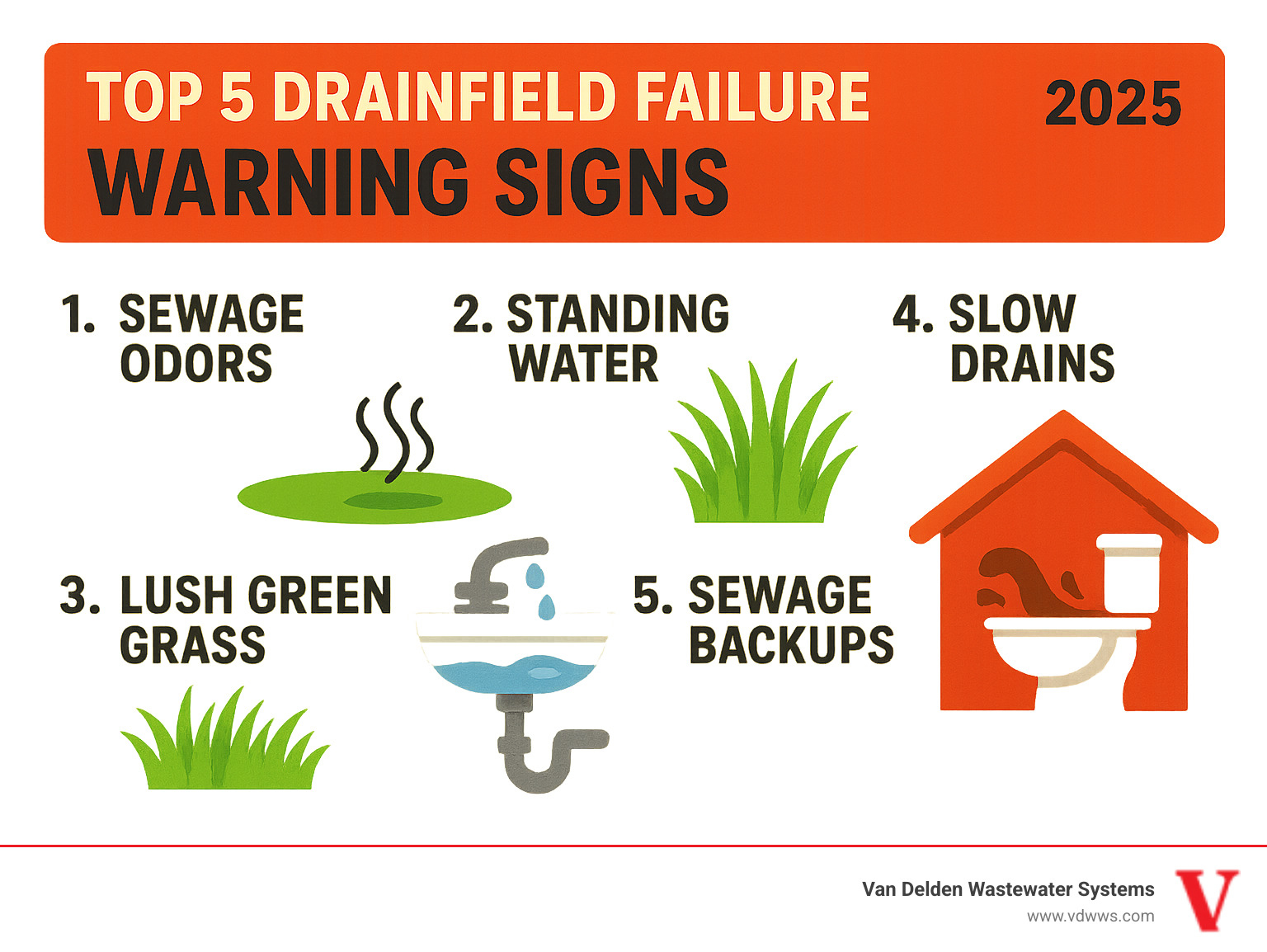 Infographic showing the top 5 drainfield failure warning signs with visual indicators: sewage odors represented by wavy smell lines, standing water puddles, lush green grass patches, slow draining fixtures, and sewage backups in homes - drainfield failure signs infographic 