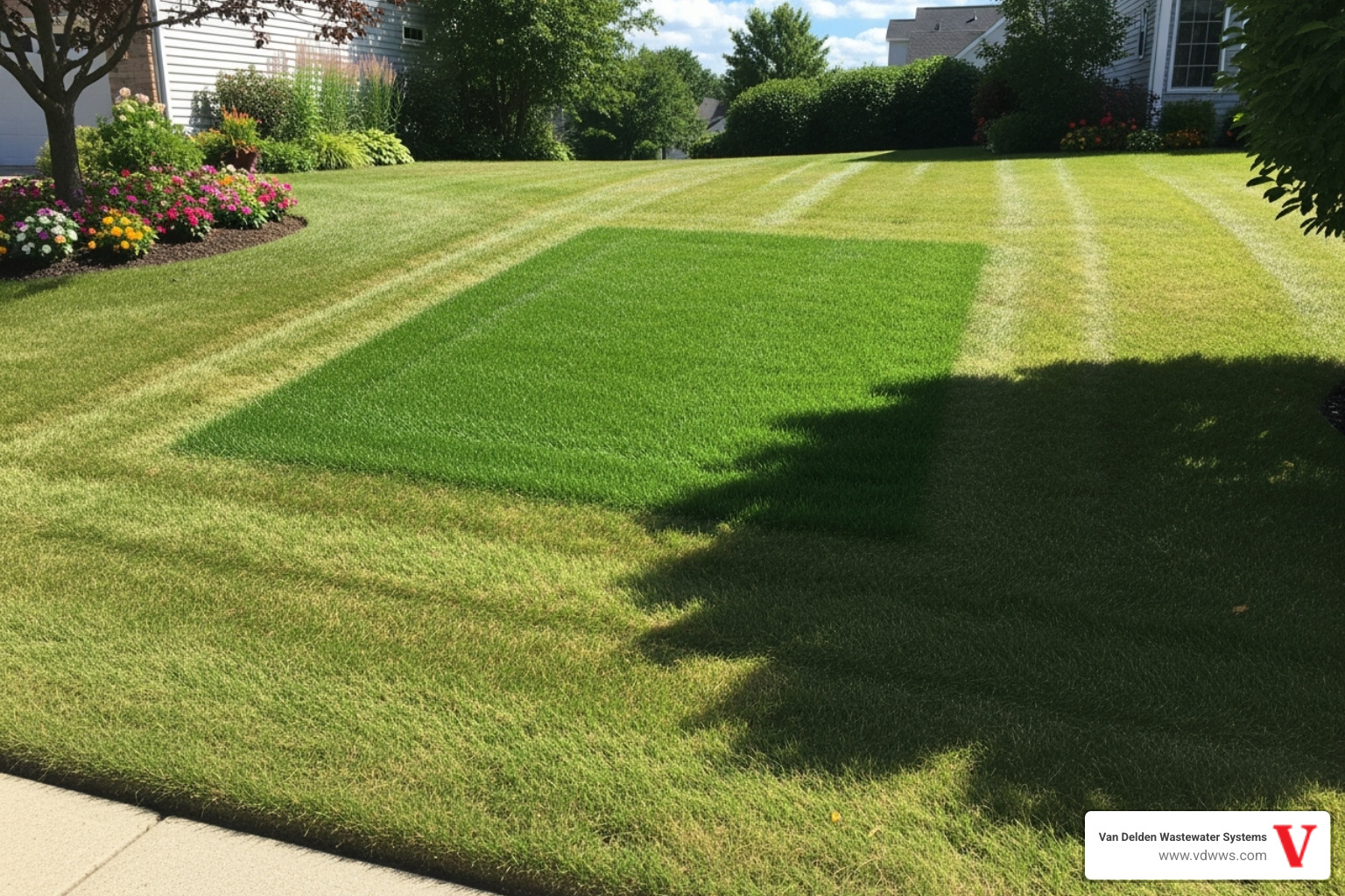 distinct green patch of grass over the drainfield area - drainfield failure signs