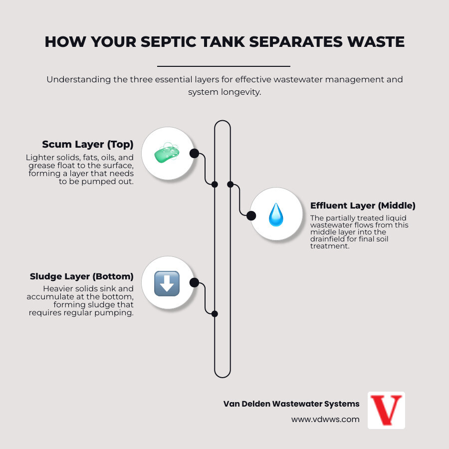 Detailed infographic showing septic tank cross-section with three distinct layers - floating scum layer at top, clear liquid effluent in middle, and heavy sludge settling at bottom, with arrows indicating how wastewater enters and treated effluent exits to drainfield - septic tank cleaning san antonio tx infographic infographic-line-3-steps-neat_beige