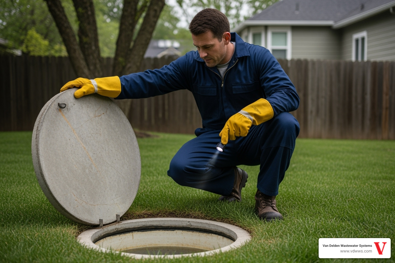 Technician inspecting a septic tank opening - septic tank cleaning san antonio tx