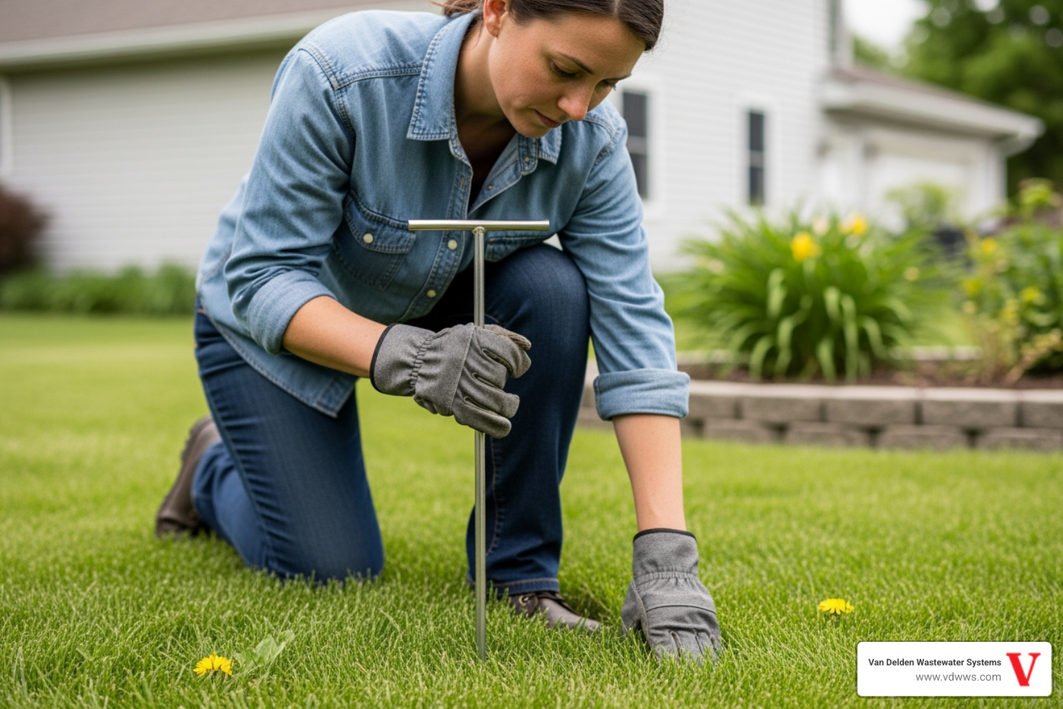 person carefully using a soil probe in their yard - how to find septic