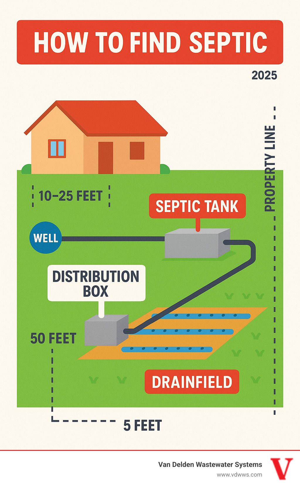 Infographic showing typical septic system layout on a residential property with house, septic tank positioned 10-25 feet away, distribution box, and drainfield with connecting pipes and proper setback distances from wells and property lines - how to find septic infographic 