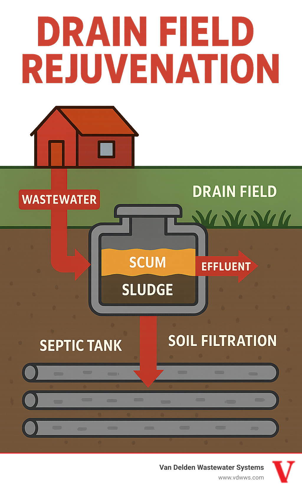 Infographic showing the complete septic system process from home wastewater through septic tank treatment to final drain field soil filtration, with arrows indicating flow direction and labels for each component - Drain field rejuvenation infographic 